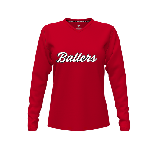 [FTLVCFRD-FYXS-LOGO3] Decker Comfort T-Shirt (Female Youth XS, Red, V Neck, Logo 3, Long Sleeve)